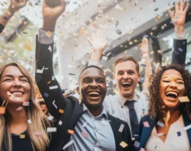 Image shows how a group of employees celebrating with confetti falling around them.