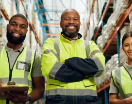 Three offline employees smiling