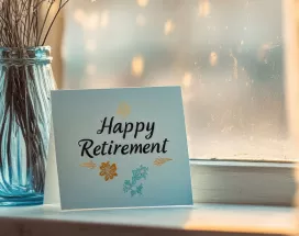 A card that says happy retirement next to a vase with flowers
