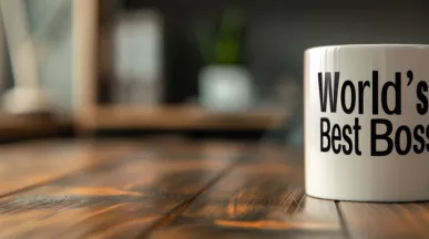 Shows a Boss's Day Message on a mug