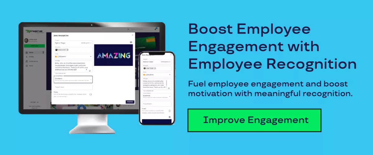 Graphic says "Boost Engagement with Employee Recognition. Fuel employee engagement and drive motivation with meaningful recognition. Improve engagement."