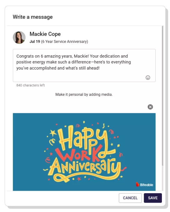 Example of a manager filling out a service anniversary message to help keep employees engaged and enhance the workplace culture. 