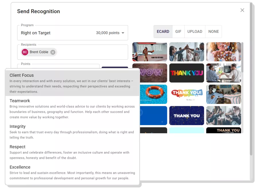When sending recognition to your team with Inspirus Connects, you can assign a company core value. 