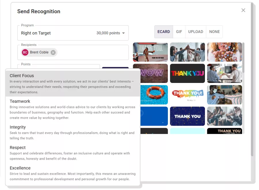 When sending recognition to your team with Inspirus Connects, you can assign a company core value. 